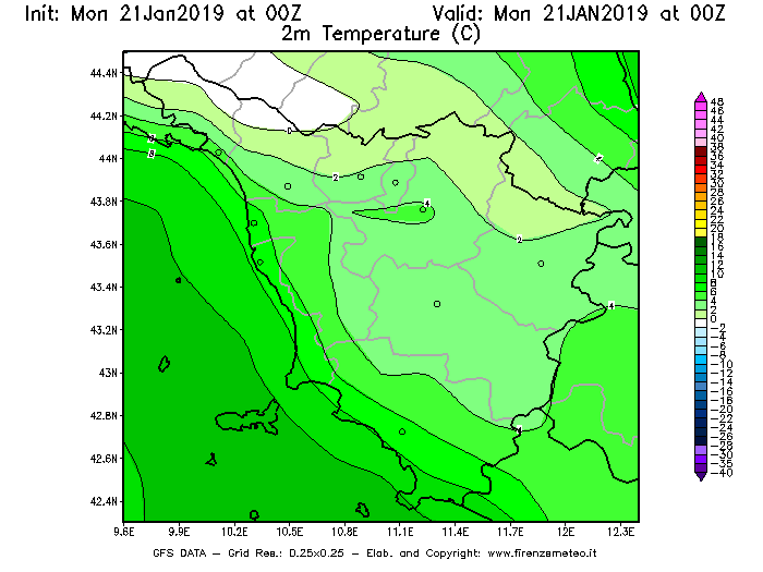 Mappa di analisi GFS - Temperatura a 2 metri dal suolo [°C] in Toscana
									del 21/01/2019 00 <!--googleoff: index-->UTC<!--googleon: index-->