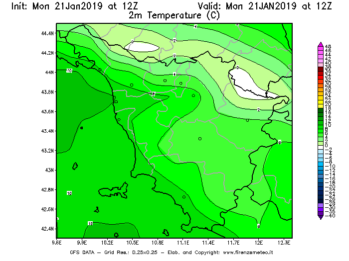Mappa di analisi GFS - Temperatura a 2 metri dal suolo [°C] in Toscana
									del 21/01/2019 12 <!--googleoff: index-->UTC<!--googleon: index-->