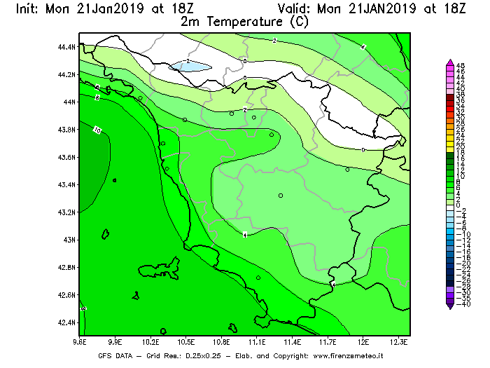 Mappa di analisi GFS - Temperatura a 2 metri dal suolo [°C] in Toscana
									del 21/01/2019 18 <!--googleoff: index-->UTC<!--googleon: index-->