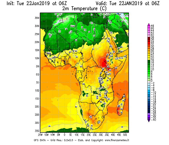Mappa di analisi GFS - Temperatura a 2 metri dal suolo [°C] in Africa
							del 22/01/2019 06 <!--googleoff: index-->UTC<!--googleon: index-->