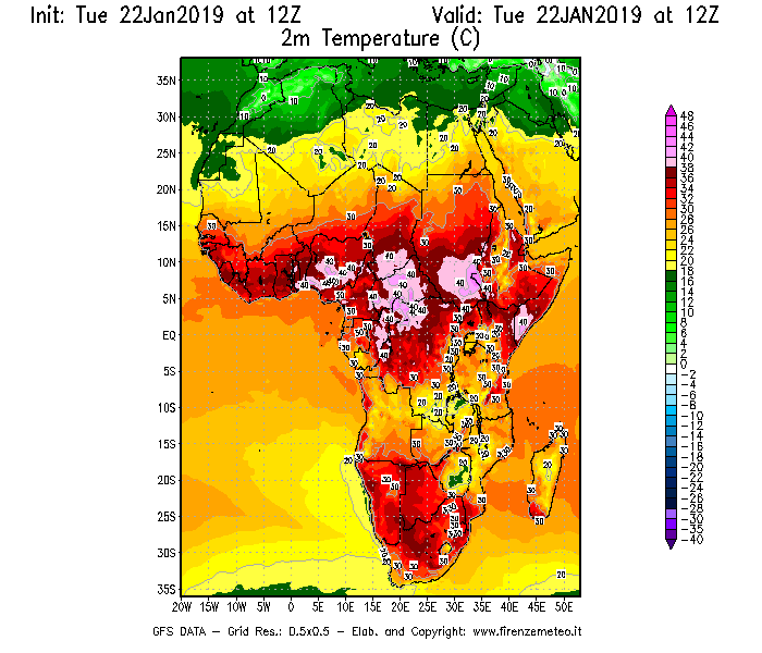 Mappa di analisi GFS - Temperatura a 2 metri dal suolo [°C] in Africa
							del 22/01/2019 12 <!--googleoff: index-->UTC<!--googleon: index-->