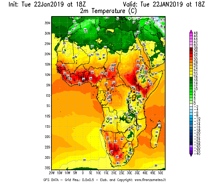 Mappa di analisi GFS - Temperatura a 2 metri dal suolo [°C] in Africa
							del 22/01/2019 18 <!--googleoff: index-->UTC<!--googleon: index-->