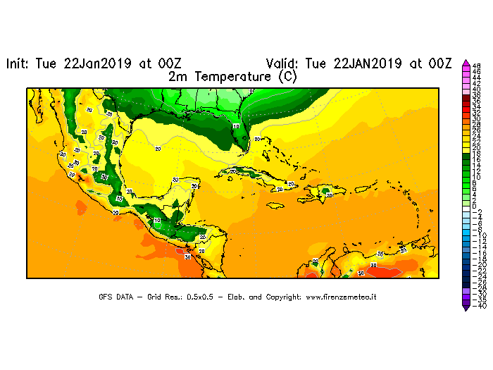 Mappa di analisi GFS - Temperatura a 2 metri dal suolo [°C] in Centro-America
							del 22/01/2019 00 <!--googleoff: index-->UTC<!--googleon: index-->