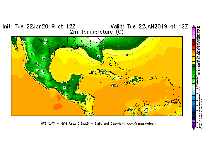 Mappa di analisi GFS - Temperatura a 2 metri dal suolo [°C] in Centro-America
									del 22/01/2019 12 <!--googleoff: index-->UTC<!--googleon: index-->