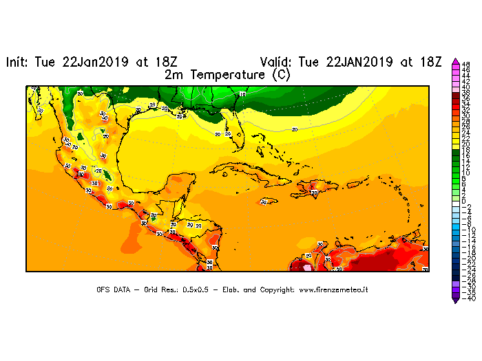 Mappa di analisi GFS - Temperatura a 2 metri dal suolo [°C] in Centro-America
									del 22/01/2019 18 <!--googleoff: index-->UTC<!--googleon: index-->