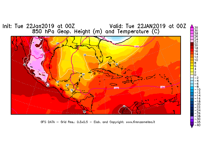 Mappa di analisi GFS - Geopotenziale [m] e Temperatura [°C] a 850 hPa in Centro-America
									del 22/01/2019 00 <!--googleoff: index-->UTC<!--googleon: index-->