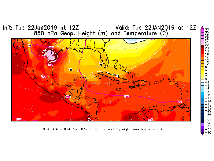 Mappa di analisi GFS - Geopotenziale [m] e Temperatura [°C] a 850 hPa in Centro-America
							del 22/01/2019 12 <!--googleoff: index-->UTC<!--googleon: index-->
