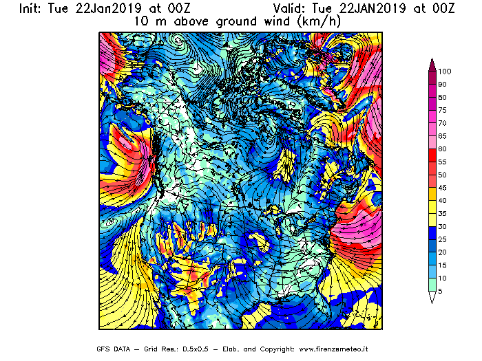 Mappa di analisi GFS - Velocità del vento a 10 metri dal suolo [km/h] in Nord-America
									del 22/01/2019 00 <!--googleoff: index-->UTC<!--googleon: index-->