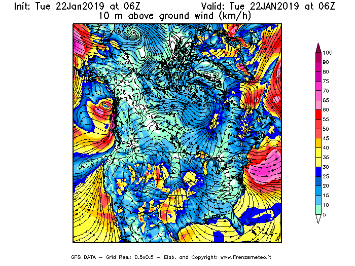 Mappa di analisi GFS - Velocità del vento a 10 metri dal suolo [km/h] in Nord-America
							del 22/01/2019 06 <!--googleoff: index-->UTC<!--googleon: index-->