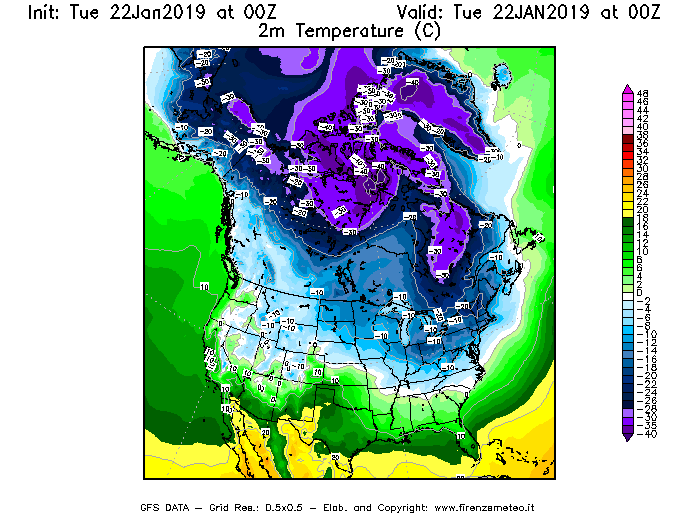 Mappa di analisi GFS - Temperatura a 2 metri dal suolo [°C] in Nord-America
									del 22/01/2019 00 <!--googleoff: index-->UTC<!--googleon: index-->