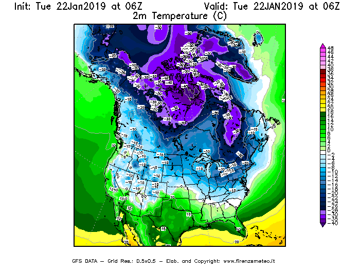 Mappa di analisi GFS - Temperatura a 2 metri dal suolo [°C] in Nord-America
							del 22/01/2019 06 <!--googleoff: index-->UTC<!--googleon: index-->