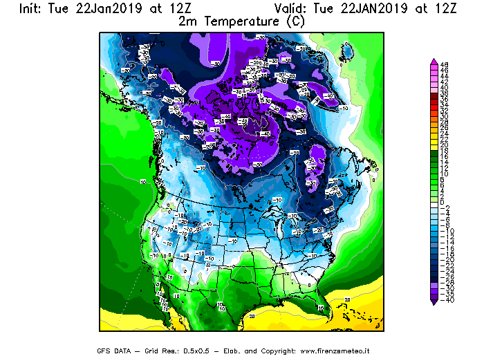Mappa di analisi GFS - Temperatura a 2 metri dal suolo [°C] in Nord-America
							del 22/01/2019 12 <!--googleoff: index-->UTC<!--googleon: index-->