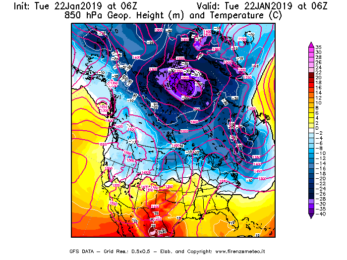 Mappa di analisi GFS - Geopotenziale [m] e Temperatura [°C] a 850 hPa in Nord-America
							del 22/01/2019 06 <!--googleoff: index-->UTC<!--googleon: index-->