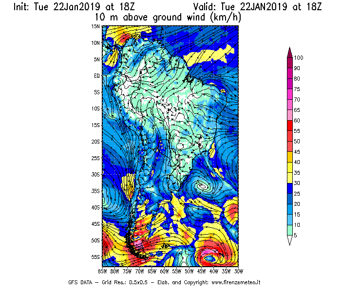 Mappa di analisi GFS - Velocità del vento a 10 metri dal suolo [km/h] in Sud-America
							del 22/01/2019 18 <!--googleoff: index-->UTC<!--googleon: index-->