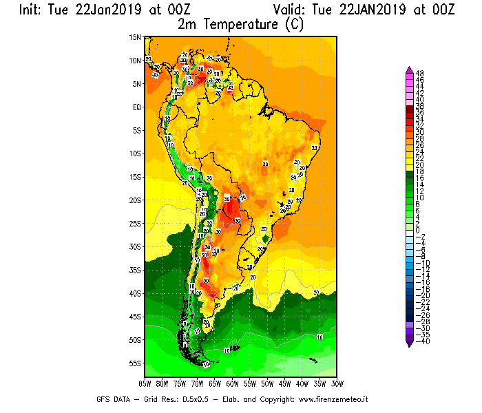 Mappa di analisi GFS - Temperatura a 2 metri dal suolo [°C] in Sud-America
									del 22/01/2019 00 <!--googleoff: index-->UTC<!--googleon: index-->