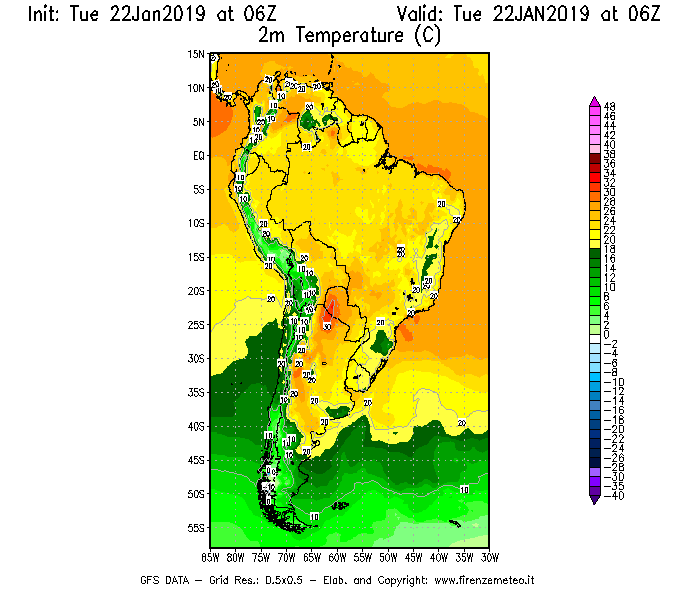 Mappa di analisi GFS - Temperatura a 2 metri dal suolo [°C] in Sud-America
									del 22/01/2019 06 <!--googleoff: index-->UTC<!--googleon: index-->