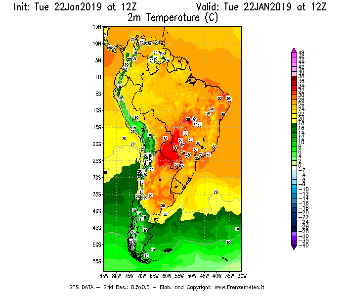Mappa di analisi GFS - Temperatura a 2 metri dal suolo [°C] in Sud-America
							del 22/01/2019 12 <!--googleoff: index-->UTC<!--googleon: index-->