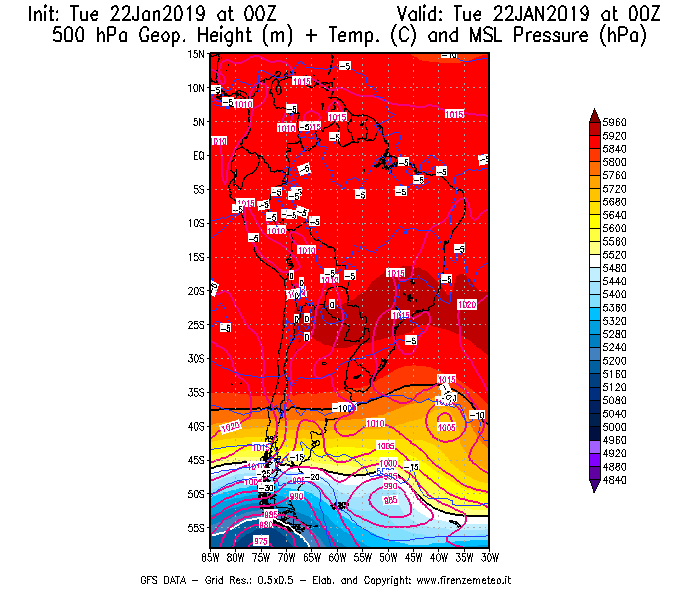 Mappa di analisi GFS - Geopotenziale [m] + Temp. [°C] a 500 hPa + Press. a livello del mare [hPa] in Sud-America
							del 22/01/2019 00 <!--googleoff: index-->UTC<!--googleon: index-->