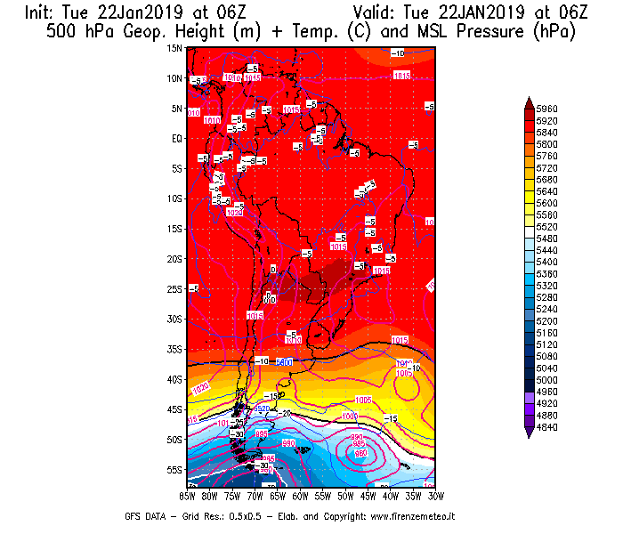 Mappa di analisi GFS - Geopotenziale [m] + Temp. [°C] a 500 hPa + Press. a livello del mare [hPa] in Sud-America
							del 22/01/2019 06 <!--googleoff: index-->UTC<!--googleon: index-->