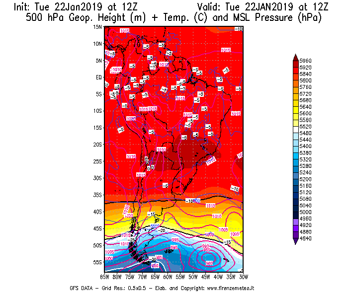 Mappa di analisi GFS - Geopotenziale [m] + Temp. [°C] a 500 hPa + Press. a livello del mare [hPa] in Sud-America
									del 22/01/2019 12 <!--googleoff: index-->UTC<!--googleon: index-->