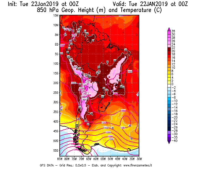 Mappa di analisi GFS - Geopotenziale [m] e Temperatura [°C] a 850 hPa in Sud-America
							del 22/01/2019 00 <!--googleoff: index-->UTC<!--googleon: index-->
