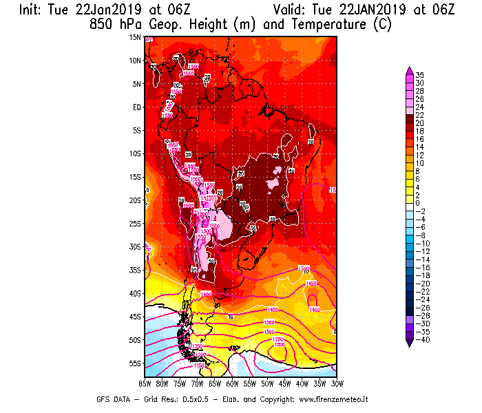 Mappa di analisi GFS - Geopotenziale [m] e Temperatura [°C] a 850 hPa in Sud-America
									del 22/01/2019 06 <!--googleoff: index-->UTC<!--googleon: index-->