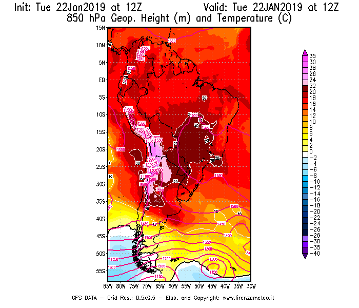 Mappa di analisi GFS - Geopotenziale [m] e Temperatura [°C] a 850 hPa in Sud-America
							del 22/01/2019 12 <!--googleoff: index-->UTC<!--googleon: index-->