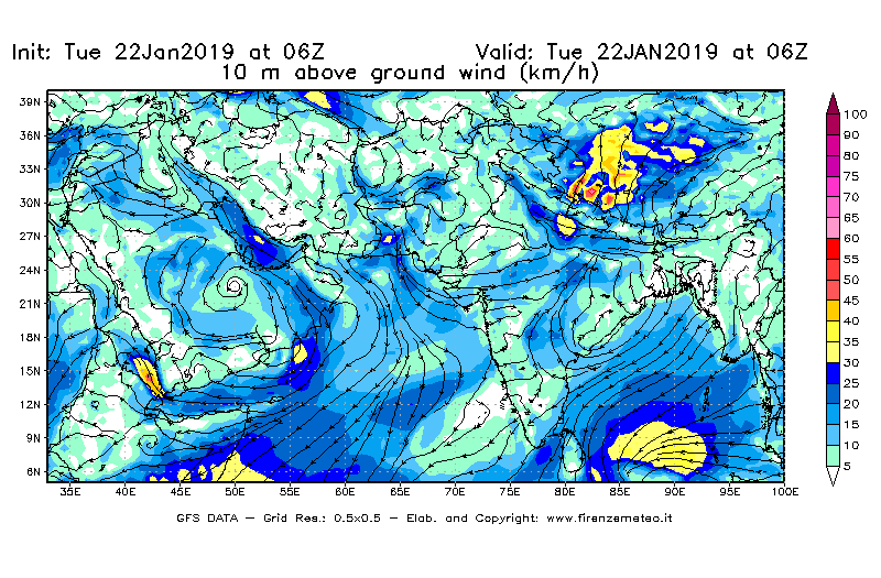 Mappa di analisi GFS - Velocità del vento a 10 metri dal suolo [km/h] in Asia Sud-Occidentale
							del 22/01/2019 06 <!--googleoff: index-->UTC<!--googleon: index-->