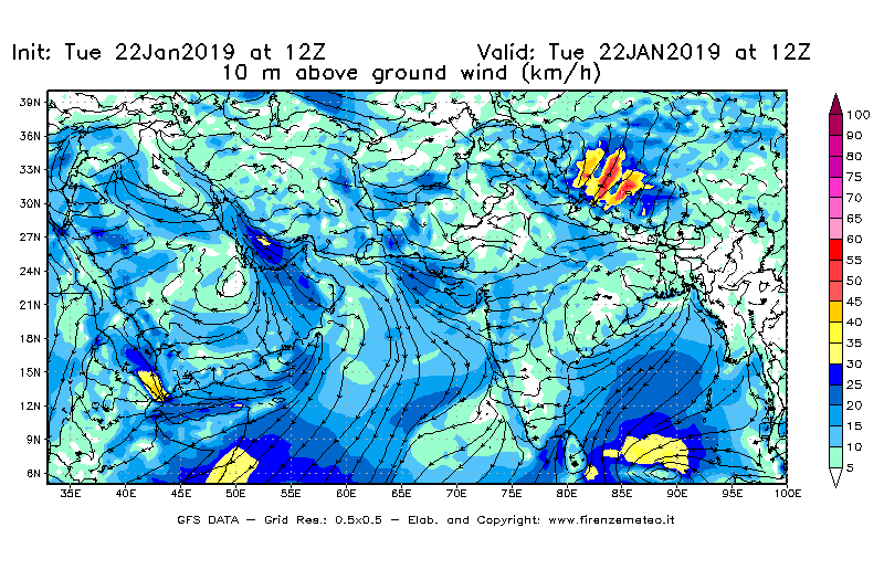 Mappa di analisi GFS - Velocità del vento a 10 metri dal suolo [km/h] in Asia Sud-Occidentale
							del 22/01/2019 12 <!--googleoff: index-->UTC<!--googleon: index-->