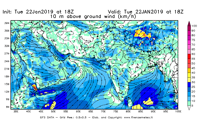 Mappa di analisi GFS - Velocità del vento a 10 metri dal suolo [km/h] in Asia Sud-Occidentale
									del 22/01/2019 18 <!--googleoff: index-->UTC<!--googleon: index-->