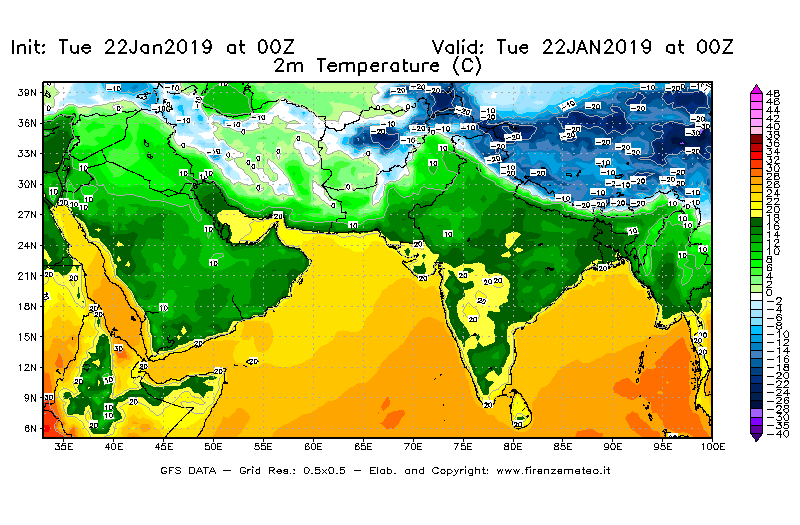 Mappa di analisi GFS - Temperatura a 2 metri dal suolo [°C] in Asia Sud-Occidentale
							del 22/01/2019 00 <!--googleoff: index-->UTC<!--googleon: index-->