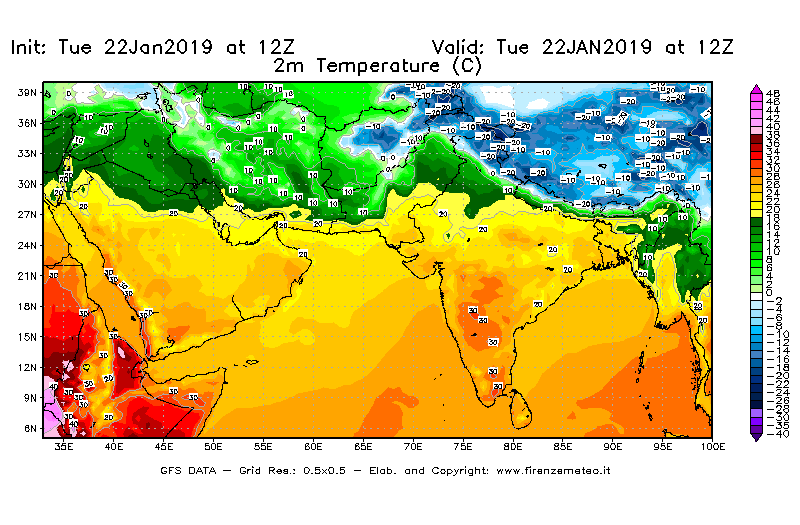 Mappa di analisi GFS - Temperatura a 2 metri dal suolo [°C] in Asia Sud-Occidentale
							del 22/01/2019 12 <!--googleoff: index-->UTC<!--googleon: index-->