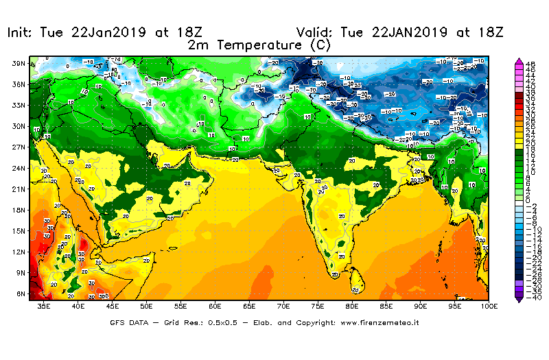 Mappa di analisi GFS - Temperatura a 2 metri dal suolo [°C] in Asia Sud-Occidentale
							del 22/01/2019 18 <!--googleoff: index-->UTC<!--googleon: index-->