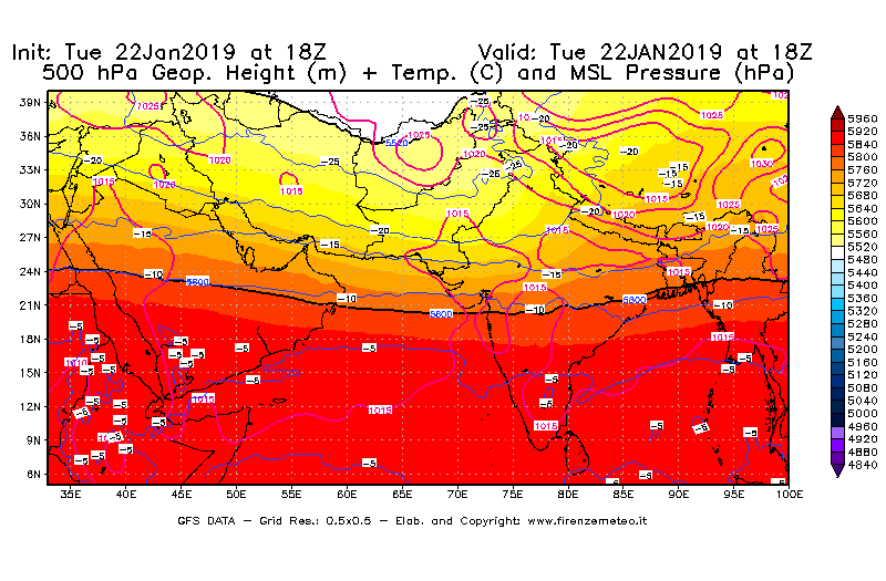 Mappa di analisi GFS - Geopotenziale [m] + Temp. [°C] a 500 hPa + Press. a livello del mare [hPa] in Asia Sud-Occidentale
							del 22/01/2019 18 <!--googleoff: index-->UTC<!--googleon: index-->