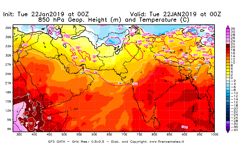 Mappa di analisi GFS - Geopotenziale [m] e Temperatura [°C] a 850 hPa in Asia Sud-Occidentale
							del 22/01/2019 00 <!--googleoff: index-->UTC<!--googleon: index-->