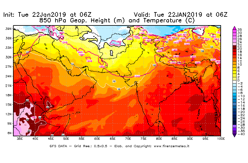 Mappa di analisi GFS - Geopotenziale [m] e Temperatura [°C] a 850 hPa in Asia Sud-Occidentale
							del 22/01/2019 06 <!--googleoff: index-->UTC<!--googleon: index-->