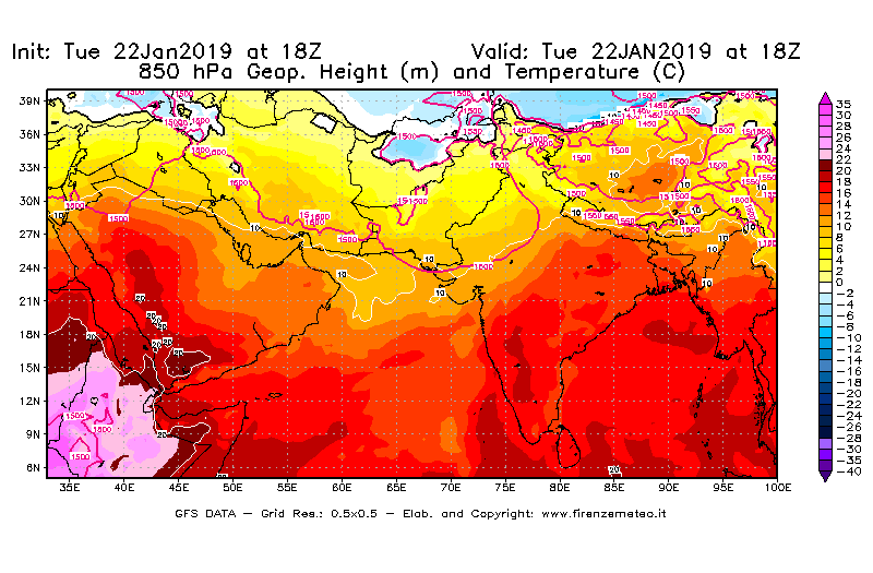 Mappa di analisi GFS - Geopotenziale [m] e Temperatura [°C] a 850 hPa in Asia Sud-Occidentale
							del 22/01/2019 18 <!--googleoff: index-->UTC<!--googleon: index-->