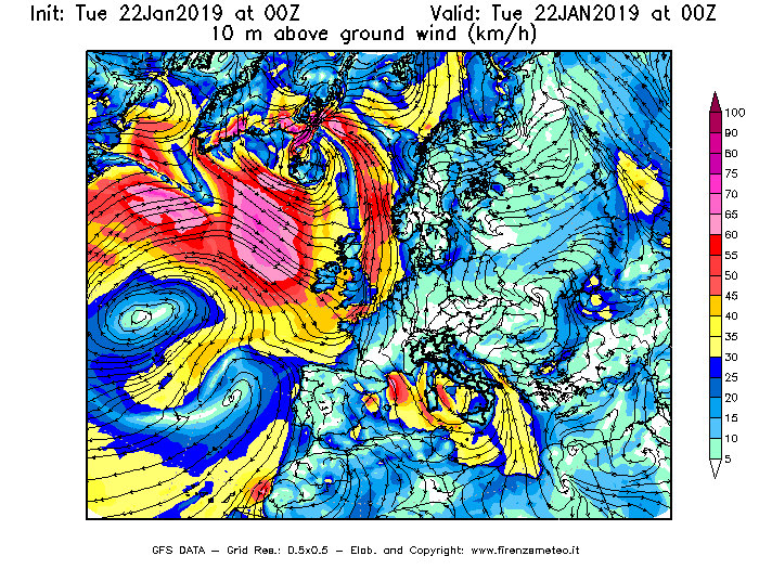 Mappa di analisi GFS - Velocità del vento a 10 metri dal suolo [km/h] in Europa
									del 22/01/2019 00 <!--googleoff: index-->UTC<!--googleon: index-->