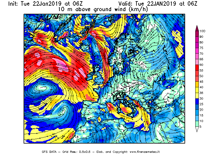 Mappa di analisi GFS - Velocità del vento a 10 metri dal suolo [km/h] in Europa
									del 22/01/2019 06 <!--googleoff: index-->UTC<!--googleon: index-->