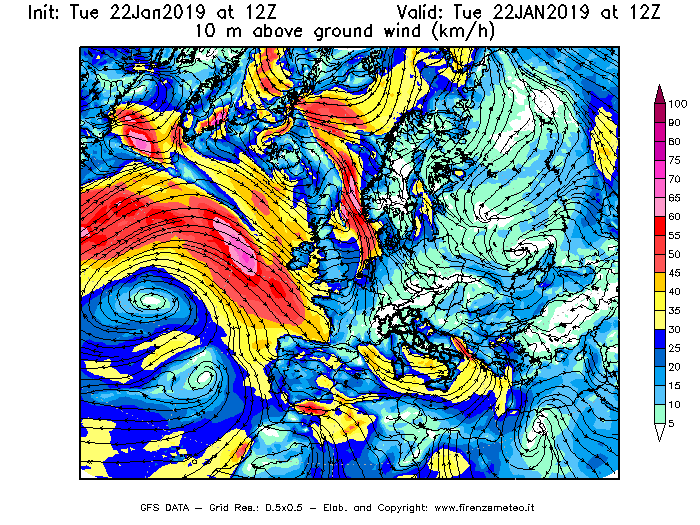 Mappa di analisi GFS - Velocità del vento a 10 metri dal suolo [km/h] in Europa
							del 22/01/2019 12 <!--googleoff: index-->UTC<!--googleon: index-->