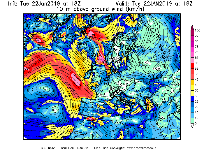 Mappa di analisi GFS - Velocità del vento a 10 metri dal suolo [km/h] in Europa
									del 22/01/2019 18 <!--googleoff: index-->UTC<!--googleon: index-->