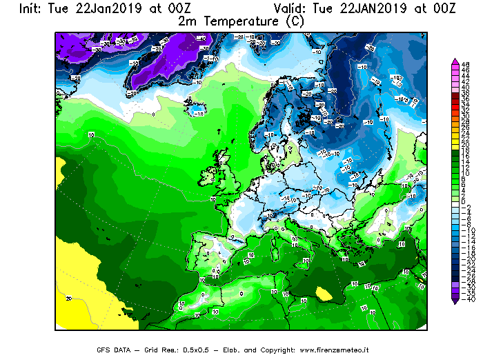 Mappa di analisi GFS - Temperatura a 2 metri dal suolo [°C] in Europa
							del 22/01/2019 00 <!--googleoff: index-->UTC<!--googleon: index-->