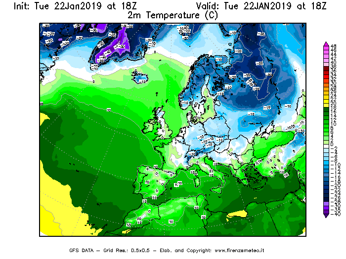 Mappa di analisi GFS - Temperatura a 2 metri dal suolo [°C] in Europa
							del 22/01/2019 18 <!--googleoff: index-->UTC<!--googleon: index-->