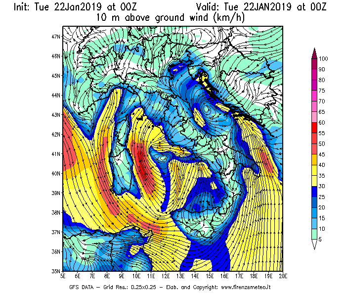 Mappa di analisi GFS - Velocità del vento a 10 metri dal suolo [km/h] in Italia
									del 22/01/2019 00 <!--googleoff: index-->UTC<!--googleon: index-->