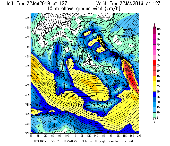 Mappa di analisi GFS - Velocità del vento a 10 metri dal suolo [km/h] in Italia
							del 22/01/2019 12 <!--googleoff: index-->UTC<!--googleon: index-->