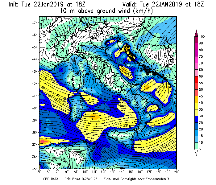 Mappa di analisi GFS - Velocità del vento a 10 metri dal suolo [km/h] in Italia
									del 22/01/2019 18 <!--googleoff: index-->UTC<!--googleon: index-->