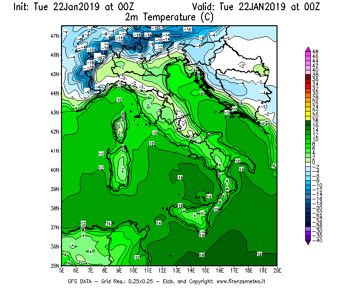 Mappa di analisi GFS - Temperatura a 2 metri dal suolo [°C] in Italia
							del 22/01/2019 00 <!--googleoff: index-->UTC<!--googleon: index-->