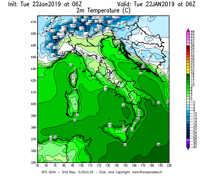Mappa di analisi GFS - Temperatura a 2 metri dal suolo [°C] in Italia
									del 22/01/2019 06 <!--googleoff: index-->UTC<!--googleon: index-->