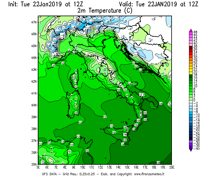 Mappa di analisi GFS - Temperatura a 2 metri dal suolo [°C] in Italia
									del 22/01/2019 12 <!--googleoff: index-->UTC<!--googleon: index-->