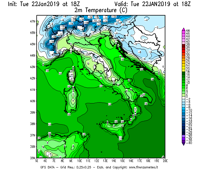 Mappa di analisi GFS - Temperatura a 2 metri dal suolo [°C] in Italia
									del 22/01/2019 18 <!--googleoff: index-->UTC<!--googleon: index-->